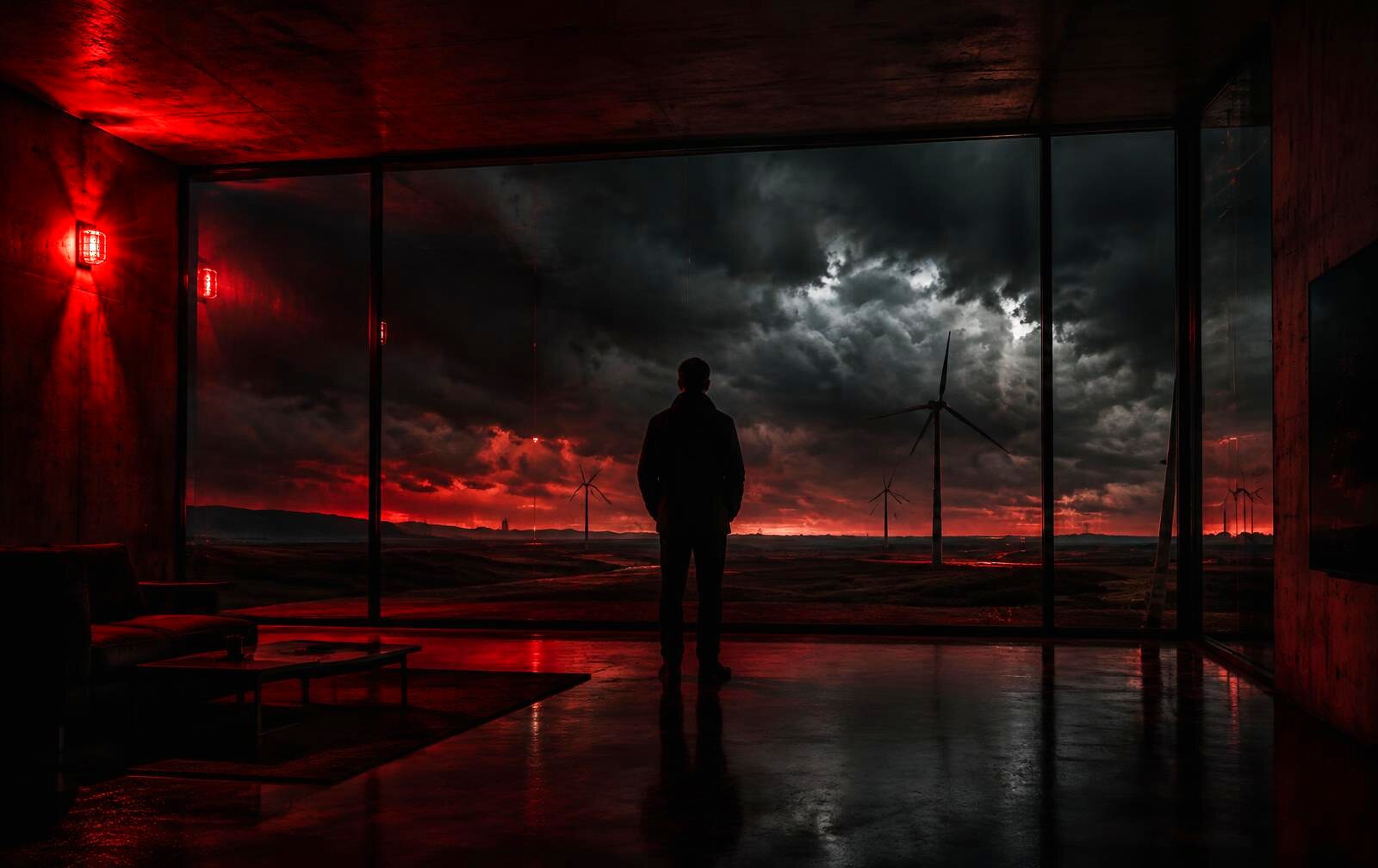 A figure standing before a stormy sky